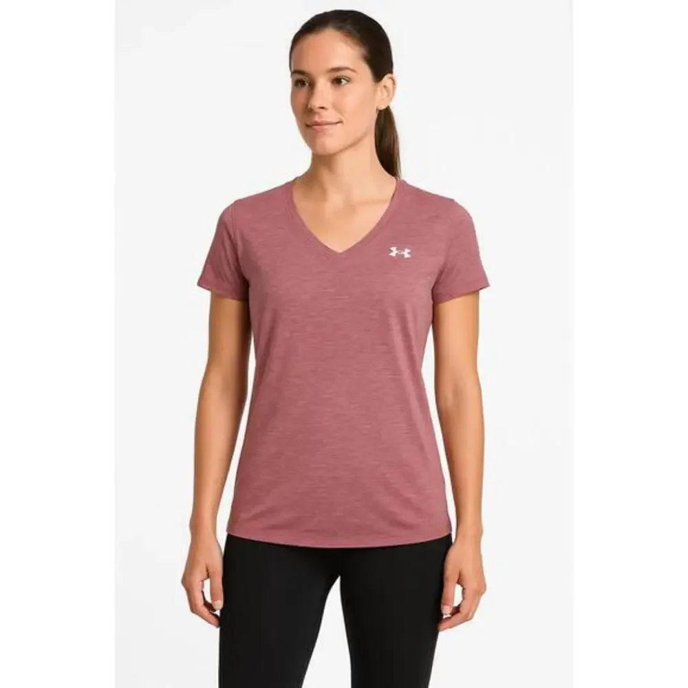Under Armour TShirt Womens Size Small Heathered Pink VNeck ShortSleeveAthleisure - Picture 1 of 11